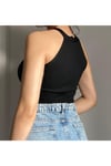 Kadın Siyah Fitilli Triko Pencereli Halka Detay Askılı Crop Bluz