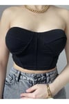 Kadın Siyah Gloplu Straplez Korse Detaylı Büstiyer Crop Bluz