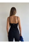 Kadın Siyah Ip Askılı Biyeli Korse Detay Fermuarlı Crop Bluz