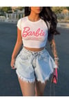 Kadın Siyah ve Beyaz 2 Adet Barbie Baskılı Los Angeles Kısa Kollu Crop Tshirt