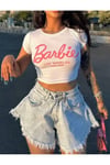 Kadın Siyah ve Beyaz 2 Adet Barbie Baskılı Los Angeles Kısa Kollu Crop Tshirt
