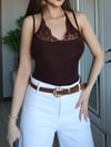 Kadın Zena Acı Kahve Askılı Dantel Detaylı Zr Model Esnek Alttan Çıtçıtlı Bodysuit