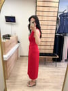 Kırmızı Bel Metal Toka Detaylı Tencel Crep Kumaş Elbise