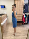 Mavi Halter Yaka Yandan Bağlamalı Elbise