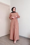 Sayra shawl kadın bej kuşaklı salaş kesim tesettür tulum SYR009