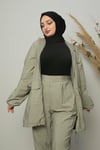 Sayra Shawl kadın su yeşili kapüşonlu büzgü detaylı paraşüt takım SYR015