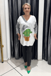 Selma Büyük Beden Çizgili Detaylı Baskılı Bluz