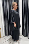 Selma Büyük Beden Pamuk Saten Desenli Bluz ve Örme Pantolon Takım