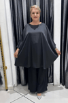 Selma Büyük Beden Pamuk Saten Desenli Bluz ve Örme Pantolon Takım