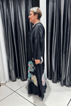 Selma Büyük Beden Siyah Saten Çiçek Desenli Kimono