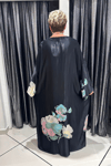 Selma Büyük Beden Siyah Saten Çiçek Desenli Kimono