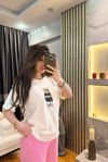Baskılı Ayıcık Desenli Beyaz T-Shirt
