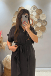 Beli Kemerli Tensel Kumaş Siyah Elbise