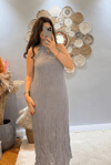 Halter Yaka Gri  Kırışık Kumaş Elbise