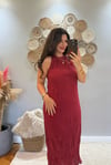 Halter Yaka Kırmızı  Kırışık Kumaş Elbise