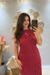 Halter Yaka Kırmızı  Kırışık Kumaş Elbise