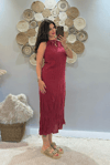 Halter Yaka Kırmızı  Kırışık Kumaş Elbise