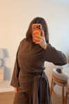 Kahve Bluz Şal Detaylı Beli Lastikli Şalvar Pantolon Takım