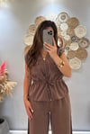 Kahve Fermuarlı Bluz Pantolon Takım