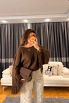 Kahve Kolları Püsküllü Triko Kazak
