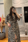 Leopar Desenli Beli Büzgülü Elbise