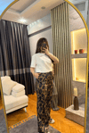 Leopar Kahve Saten Pantalon