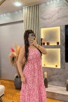 Pembe Beyaz Desenli Askılı Elbise