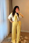 Sarı Önden Bağlamalı Bluz Pantolon Takım