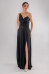 4097 Tek Omuz Beli Drape Kendinden Simli Uzun Elbise