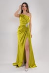 5029 Tek Omuz Beli Drape Taş Detay Uzun Saten Elbise