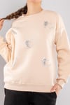 5124 Taşlı Kalp Baskı Bisiklet Yaka İçi Şardonlu Sweatshirt