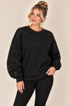 5787 Kol İşlemeli Omuz Taşlı Bisiklet Yaka Sweatshirt