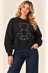 60200 Boncuklu Ayı Nakışlı Crop Bisiklet Yaka Sweat