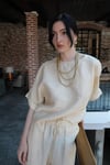 71464 Kolyeli Keten Kısa Kol Bluz Bol Paça Pantolon Takım