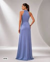 8110 Halter Yaka Yandan Toka Detay Uzun Saten Elbise