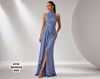 8110 Halter Yaka Yandan Toka Detay Uzun Saten Elbise