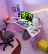 Özel Tasarım Kanatlı Oyuncu Masası 160 Cm Rgb Işıklı Mouse Pad Bardaklık Ve Kulaklık Tutucu Krem
