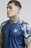 Altı Kavisli Raglan Çiçekli T shirt Petrol Mavisi