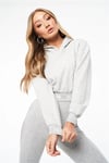 Oversize Biyeleri Yazılı Kapişonlu Kısa Crop Sweat Gri