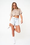 Oversize Cebi Fermuarlı  Crop T shirt Bej