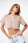 Oversize Cebi Fermuarlı  Crop T shirt Bej