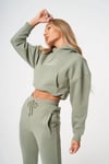 Oversize İmza Nakışlı logolu  Kısa Crop Sweat Haki