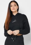 Oversize İmza Nakışlı logolu  Kısa Crop Sweat Siyah