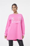 Oversize Önü Baskılı Crew  Sweat Pembe