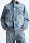 Unisex Pileli  Jean Ceket-Mavi Açık