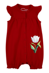 Mavipink 25410002-1 Kız Bebek Lale Çiçekli Fırfırlı Kırmızı Kısa Şort Tulum 