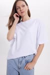 Kadın Oversize Geniş Kesim %100 Pamuk Yumuşak Dokulu Basic Bisiklet Yaka Beyaz Tişört