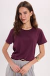 Kadın Relax Fit Rahat Kesim Kısa Kollu Bisiklet Yaka Bordo Tişört