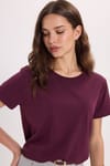 Kadın Relax Fit Rahat Kesim Kısa Kollu Bisiklet Yaka Bordo Tişört