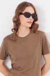 Kadın Slim Fit Dar Kesim %100 Pamuk Yumuşak Dokulu Kahverengi Bisiklet Yaka Tişört